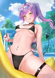Rule 34 | 1girl, :p, bead bracelet, beads, bikini, black bikini, black choker, black nails, blush, bracelet, breasts, breasts apart, choker, closed mouth, demon tail, ear piercing, green eyes, groin, heart, heart-shaped pupils, highres, hololive, imo norio, inflatable toy, jewelry, long hair, medium breasts, multicolored hair, nail polish, navel piercing, o-ring, o-ring thigh strap, piercing, pink hair, pointy ears, purple hair, side ponytail, sitting, smile, solo, spread legs, stomach, string bikini, sunglasses, swimsuit, symbol-shaped pupils, tail, tail ornament, tail piercing, thigh strap, tokoyami towa, tongue, tongue out, two-tone hair, virtual youtuber, wet