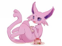 Rule 34 | :3, ancesra, animal focus, artist name, blush, cake, cake slice, cheesecake, coffee, colored sclera, creatures (company), cup, drink, espeon, fangs, food, forehead jewel, forked tail, from side, fruit, full body, game freak, gen 2 pokemon, hand up, happy, highres, holding, holding cup, holding drink, leaning back, legs up, looking at viewer, mug, nintendo, no humans, open mouth, pink gemstone, plate, pokemon, pokemon (creature), purple eyes, purple sclera, revision, simple background, sitting, sketch, skin fangs, smile, solo, steam, strawberry, tail, watermark, white background