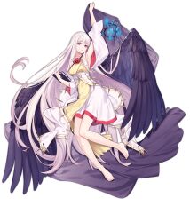 Rule 34 | 1girl, absurdly long hair, ark order, armpits, barefoot, bed sheet, black wings, blue butterfly, book, bug, butterfly, cage, detached sleeves, dress, feathered wings, flower, full body, gold trim, highres, holding, holding book, holding sheet, hypnos (ark order), insect, jewelry, lan ren hui, long hair, long sleeves, looking at viewer, lying, neck flower, necklace, official art, on back, parted lips, pink flower, pink hair, red eyes, solo, sparkle, transparent background, two-tone dress, very long hair, white dress, wings, yellow dress