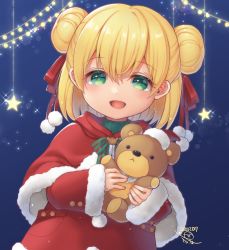 Rule 34 | 1girl, artist name, blonde hair, capelet, christmas, christmas lights, commentary request, dated, double bun, dress, fur-trimmed capelet, fur-trimmed dress, fur trim, green eyes, green shorts, hair bun, hair ribbon, hat, highres, holding, holding stuffed toy, long sleeves, looking at viewer, open mouth, original, pucho, red capelet, red dress, red ribbon, ribbon, santa dress, santa hat, short hair, shorts, signature, smile, solo, sparkle, standing, star (symbol), stuffed animal, stuffed toy, teddy bear, turtleneck, virtual youtuber