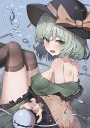 1girl absurdres back black_hat black_thighhighs blush bow breasts commentary dfra fang gradient_background green_eyes green_hair grey_background hat hat_bow heart heart-shaped_pupils heart_of_string highres komeiji_koishi looking_at_viewer open_mouth short_hair sideboob skin_fang solo symbol-shaped_pupils thighhighs third_eye touhou yellow_bow