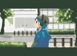 Rule 34 | 1girl, animated, animated gif, blue hair, building, camera, female focus, hat, headphones, hood, hoodie, letterboxed, motocross saito, original, outdoors, pixel art, solo, taking picture