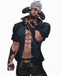 Rule 34 | 1boy, abs, artist name, warrior of light (ff14), bead necklace, beads, beard, black pants, blue eyes, blue shirt, buttons, character request, collarbone, collared shirt, colored tongue, commentary, commission, dark skin, english commentary, facial hair, final fantasy, final fantasy xiv, glasses, gloves, grey hair, hand up, highres, horns, jewelry, jouvru, licking lips, looking at viewer, male focus, manly, midriff, muscular, navel, necklace, nose, open clothes, open mouth, pants, partially fingerless gloves, pectorals, purple tongue, shirt, short sleeves, simple background, solo, stomach, symbol-only commentary, toned, tongue, tongue out, unbuttoned, watermark