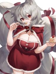 Rule 34 | 1girl, animal ears, breasts, cake, cake slice, capelet, christmas, cowboy shot, dress, eating, food, food on face, fox ears, fox girl, fox tail, fur-trimmed capelet, fur-trimmed dress, fur trim, grey hair, hair between eyes, highres, holding, holding plate, large breasts, looking at viewer, original, plate, red capelet, red dress, red eyes, red ribbon, ribbon, santa dress, simple background, solo, tail, white background, yazune