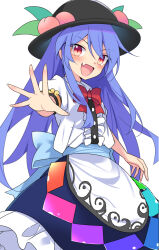 Rule 34 | 1girl, :d, black hat, blue hair, bow, bowtie, commentary request, e.o., fang, food, fruit, hat, highres, hinanawi tenshi, long hair, looking at viewer, open mouth, peach, red bow, red bowtie, short sleeves, simple background, smile, solo, touhou, white background