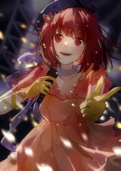 Rule 34 | 1girl, absurdres, arima kana, blush, dress, gloves, hat, highres, holding, holding microphone, microphone, music, open mouth, oshi no ko, puffy short sleeves, puffy sleeves, qitenglanlanzi, red eyes, red hair, see-through, see-through sleeves, short hair, short sleeves, singing, smile, solo, standing, yellow dress, yellow gloves