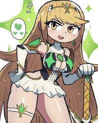 Rule 34 | 1girl, absurdres, blonde hair, breasts, cleavage, cowboy shot, female focus, heart, highres, holding, holding weapon, large breasts, legs, matching hair/eyes, mythra (xenoblade), nintendo, open mouth, smile, solo, sword, thick thighs, thighhighs, thighs, tony welt, weapon, white background, wide hips, xenoblade chronicles (series), xenoblade chronicles 2, yellow eyes