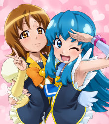Rule 34 | 10s, 2girls, ;d, armpits, blue eyes, blue hair, bow, bowtie, brooch, brown eyes, brown hair, cure honey, cure princess, happinesscharge precure!, heart, heart background, heart brooch, jewelry, long hair, magical girl, multiple girls, necktie, one eye closed, oomori yuuko, open mouth, pink background, precure, sakecho, shirayuki hime, short hair, smile, v, wrist cuffs