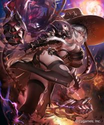 Rule 34 | 1girl, ass, black bow, black dress, black thighhighs, bow, breasts, dress, fire, fire, garter straps, gauntlets, granblue fantasy, hair between eyes, hat, hat bow, high heels, highres, huge breasts, leaning forward, long hair, magisa (granblue fantasy), moon, morax (granblue fantasy), outdoors, shingeki no bahamut, side slit, silver hair, smile, solo, standing, standing on one leg, thighhighs, thighs, torn clothes, torn thighhighs, tsunekun, witch hat