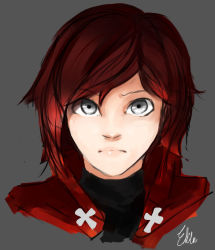 Rule 34 | 1girl, artist name, eliln, grey background, grey eyes, looking at viewer, portrait, red hair, ruby rose, rwby, signature, simple background, solo