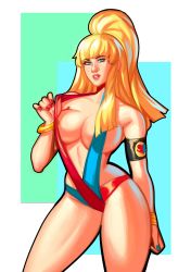 Rule 34 | 1girl, adjusting clothes, adjusting swimsuit, armband, asymmetrical hair, blonde hair, blue eyes, blue nails, blunt bangs, bracelet, breasts, cleavage, highres, jewelry, kolin, large breasts, lips, multicolored clothes, multicolored swimsuit, nail polish, navel, parted lips, red nails, rhydwyn, side ponytail, solo, street fighter, street fighter v, swimsuit, thick thighs, thighs, wide hips