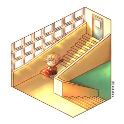Rule 34 | 1boy, cardigan, chibi, closed eyes, door, given, guitar, highres, holding, holding instrument, instrument, interior, isometric, no mouth, red hair, satou mafuyu, sitting, sitting on stairs, sleeping, solo, stairs, tagme, white footwear, window