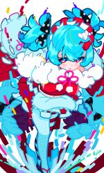 Rule 34 | 1girl, :c, absurdres, asymmetrical legwear, black bow, blue hair, bow, commission, dot nose, full body, fur-trimmed shirt, fur trim, hair between eyes, hair bow, highres, jo suke, leaning forward, legs together, long sleeves, looking at viewer, midriff, mismatched legwear, navel, open mouth, original, pantyhose, red eyes, red pantyhose, red shirt, sandals, shirt, short hair, short twintails, sidelocks, simple background, skeb commission, solo, striped clothes, striped pantyhose, twintails, white background, white pantyhose