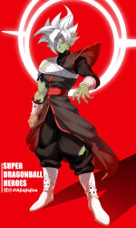 1boy black_pants black_robe black_shirt colored_skin copyright_name dragon_ball dragon_ball_heroes dragon_ball_super earrings full_body fused_zamasu green_skin halo highres jewelry jiajiajiajiaa looking_at_viewer male_focus medium_hair one_eye_covered pants pointy_ears potara_earrings red_background robe shadow shirt simple_background solo spiked_hair torn_clothes torn_shirt white_footwear white_hair