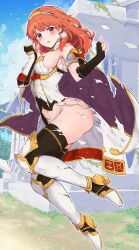 Rule 34 | 1girl, arm guards, armor, armored boots, blush, boots, breastplate, breasts, cape, celica (fire emblem), commentary request, dress, earrings, embarrassed, fingerless gloves, fire emblem, fire emblem echoes: shadows of valentia, gloves, highres, jewelry, medium breasts, navel, nintendo, panties, red armor, red eyes, red hair, sideboob, solo, sword, thighhighs, tiara, torn clothes, torn dress, underwear, weapon, white armor, white panties, yuuri (orz commushows)