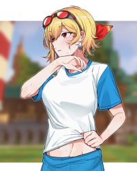 Rule 34 | 1girl, alternate costume, blonde hair, blue shirt, blush, clothes lift, commentary, earrings, eyewear on head, hair between eyes, highres, hololive, hololive indonesia, jewelry, kaela kovalskia, medium hair, mitsumine (ookami no oyashiro), navel, parted lips, red-tinted eyewear, red eyes, shirt, shirt lift, short sleeves, solo, sweat, symbol-only commentary, tinted eyewear, two-tone shirt, upper body, virtual youtuber, white shirt, wiping sweat