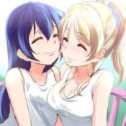 Rule 34 | 10s, 2girls, ayase eli, bare shoulders, blonde hair, blue hair, breasts, cheek-to-cheek, cleavage, closed eyes, commentary request, hair between eyes, heads together, long hair, love live!, love live! school idol project, medium breasts, multiple girls, ponytail, scrunchie, shirt, sitting, small breasts, smile, sonoda umi, upper body, urutsu sahari, white shirt, yuri
