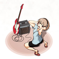Rule 34 | 1girl, amplifier, bike shorts, blush, brown eyes, brown hair, cable, guitar, headphones, highres, instrument, looking back, looking up, open mouth, original, red eyes, short hair, shorts, sitting, slippers, smile, soles, solo, yoshikawa hazure