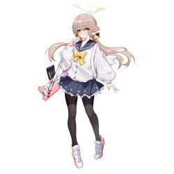 Rule 34 | 1girl, absurdres, blue archive, blue skirt, bow, brown eyes, brown hair, bullpup, chengxiang dsa, closed mouth, fingernails, grey background, gun, hair between eyes, hair bow, halo, hifumi (blue archive), highres, light brown hair, long hair, nail polish, pantyhose, pink nails, school uniform, serafuku, shirt tucked in, shoes, simple background, skirt, sneakers, solo, twintails, weapon, yellow bow