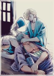 Rule 34 | 2boys, blonde hair, bottle, contemporary, couple, dark-skinned male, dark skin, feet out of frame, green hair, hand fan, highres, holding, holding fan, interracial, lap pillow, male focus, multiple boys, one piece, pectoral cleavage, pectorals, pra (prapon0904), roronoa zoro, sanji (one piece), scar, scar on chest, short hair, sideburns, sleeping, sleeping on person, toned, toned male, yaoi