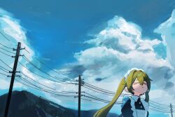 &gt;_&lt; 1girl :&lt; apron black_shirt blonde_hair blue_sky closed_eyes closed_mouth cloud cloudy_sky collared_shirt cumulonimbus_cloud facing_up frilled_apron frills hair_between_eyes hair_intakes highres iwonu long_hair maid maid_headdress mountain original outdoors power_lines shirt sky solo twintails upper_body utility_pole very_long_hair white_apron wide_shot