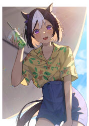 Rule 34 | 1girl, absurdres, animal ears, blue shorts, blush, brown hair, buttons, collared shirt, cowboy shot, cup, disposable cup, hand up, hawaiian shirt, highres, holding, holding cup, horse ears, horse girl, horse tail, isana615, lens flare, looking at viewer, multicolored hair, open mouth, purple eyes, shirt, shirt tucked in, short hair, short sleeves, shorts, smile, solo, special week (umamusume), tail, two-tone hair, umamusume, white hair, yellow shirt