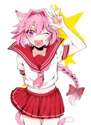 Rule 34 | 1boy, astolfo (fate), astolfo (sailor paladin) (fate), bad id, bad twitter id, blush, braid, fang, fate/apocrypha, fate/grand order, fate (series), hair intakes, hair ribbon, long hair, looking at viewer, male focus, ni1ten xx00, official alternate costume, one eye closed, open mouth, pink hair, purple eyes, ribbon, school uniform, simple background, single braid, smile, solo, trap, v