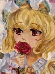Rule 34 | 1girl, blonde hair, close-up, covering own mouth, flandre scarlet, flower, hat, highres, holding, holding flower, mob cap, red eyes, red flower, red rose, rose, solo, touhou, white hat, wrist cuffs, yuuren kyouko