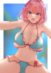 Rule 34 | 11boachan, 1girl, absurdres, ahoge, aqua bikini, bare shoulders, bikini, blue hair, blurry, blurry background, blush, bob cut, breasts, cleavage, collarbone, fang, flower, frilled bikini, frills, groin, hair flower, hair intakes, hair ornament, highres, idolmaster, idolmaster cinderella girls, idolmaster cinderella girls starlight stage, large breasts, light blue hair, looking at viewer, multicolored hair, navel, open mouth, outstretched arms, pink hair, purple eyes, raised eyebrows, revision, shiny skin, solo, spread legs, stomach, swimsuit, tareme, teeth, thighs, two-tone hair, upper teeth only, white background, yumemi riamu