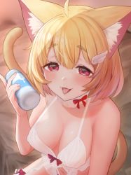 Rule 34 | 1girl, :p, ahoge, animal ears, azuse neko, blonde hair, breasts, cat ears, cat tail, cleavage, commentary request, holding, kemomimi refle!, looking at viewer, medium breasts, navel, nekoma karin, red eyes, short hair, smile, solo, tail, tongue, tongue out, virtual youtuber, wing hair ornament