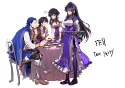 Rule 34 | 2boys, 2girls, armor, armored dress, ayra (fire emblem), ayra (tea party) (fire emblem), black gloves, black hair, black pants, blue cape, blue hair, boots, breastplate, brother and sister, brown footwear, cake, cake slice, cape, closed eyes, closed mouth, commentary request, copyright name, crossed legs, dress, father and daughter, father and son, fingerless gloves, fire emblem, fire emblem: genealogy of the holy war, fire emblem heroes, food, gloves, holding, holding teapot, holding tray, husband and wife, larcei (fire emblem), lex (fire emblem), long hair, long sleeves, looking at another, maid headdress, mother and daughter, mother and son, multiple boys, multiple girls, nanathuika, nintendo, official alternate costume, pants, pauldrons, purple dress, purple eyes, purple footwear, scathach (fire emblem), shoes, short hair, short hair with long locks, shoulder armor, siblings, simple background, sitting, smile, table, teapot, tray, twins, white background