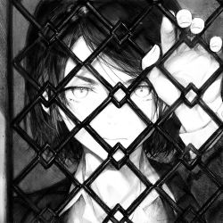 Rule 34 | 1girl, androgynous, bob cut, chain-link fence, closed mouth, collared shirt, fence, from outside, frown, greyscale, hand up, jacket, long sleeves, looking at viewer, monochrome, original, portrait, sakurana haru, shirt, short hair, solo, swept bangs