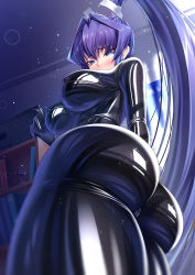 Rule 34 | 1girl, ass, black bodysuit, blue eyes, bodysuit, breasts, cameltoe, cowboy shot, from below, high ponytail, highres, iro ame (amewaagada), latex, latex suit, light particles, looking at viewer, looking back, mitsurugi meiya, muv-luv, purple hair, shiny clothes, skin tight, solo
