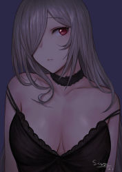 Rule 34 | 1girl, bare shoulders, black choker, breasts, choker, cleavage, g36c (girls&#039; frontline), girls&#039; frontline, hair over one eye, highres, large breasts, looking at viewer, off shoulder, one eye covered, parted lips, red eyes, selcky, solo, upper body