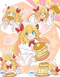 Rule 34 | &gt; &lt;, 1girl, blonde hair, blue eyes, blush, blush stickers, capelet, closed mouth, commission, cup, dress, closed eyes, fairy, fairy wings, food, fork, hair between eyes, hat, highres, holding, holding fork, lily white, long hair, long sleeves, multiple views, open mouth, pancake, skeb commission, smile, tatutaniyuuto, teeth, tongue, tongue out, touhou, upper teeth only, white capelet, white dress, white headwear, wings