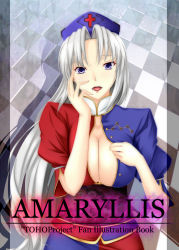 Rule 34 | 1girl, breasts, checkered background, cleavage, cover, cover page, cross, female focus, hand on own face, hat, large breasts, nurse cap, open clothes, open mouth, purple eyes, short sleeves, silver hair, solo, sugumu shigure, touhou, yagokoro eirin