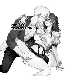 Rule 34 | 1boy, 1girl, arm around neck, blush, breasts, charlotte pudding, erection, fingering, hetero, highres, long hair, looking at another, monochrome, nipples, no bra, one breast out, one piece, open clothes, open shirt, pants, penis, penis peek, pussy, sanji (one piece), sleeves rolled up, sweat, tacmiiiii, twintails, uncensored