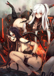Rule 34 | 2girls, abyssal ship, aircraft carrier oni, armored boots, ass, battleship princess, black dress, black footwear, black hair, black panties, boots, butt crack, cable, cannon, colored skin, damaged, dimples of venus, dress, gauntlets, glowing, glowing eyes, highres, horns, kantai collection, kawakami rokkaku, long hair, machinery, monster, multiple girls, one side up, panties, pantyshot, red eyes, sailor dress, shoes, short dress, single horn, single shoe, sitting, skin-covered horns, thigh boots, thigh strap, thighhighs, torn clothes, torn dress, turret, underwear, very long hair, white hair, white skin