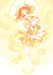 Rule 34 | 1girl, arched back, bare shoulders, blonde hair, blush, bow, breast suppress, breasts, btoor, closed mouth, deep skin, detached collar, detached sleeves, double bun, dress, floral background, flower, full body, hair bun, hair flower, hair ornament, highres, large breasts, long sleeves, magical girl, multicolored hair, orange bow, orange hair, original, puffy sleeves, short hair, smile, solo, thighhighs, two-tone hair, umbrella, white thighhighs, wings
