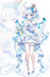 Rule 34 | 1girl, absurdres, alternate costume, arm strap, bare shoulders, blue butterfly, blue choker, blue eyes, blue hair, bouquet, breasts, bug, butterfly, choker, closed mouth, colored inner hair, cowlick, crown, dress, drop-shaped pupils, flower, full body, furina (genshin impact), genshin impact, gloves, hair flower, hair ornament, hayun, heterochromia, high heels, highres, holding, holding bouquet, insect, long hair, medium breasts, mini crown, multicolored hair, smile, solo, symbol-shaped pupils, thigh scrunchie, very long hair, wavy hair, white background, white dress, white footwear, white gloves, white hair, zoom layer