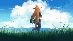 Rule 34 | 1girl, absurdres, advarcher, ahoge, black shirt, bow, cloud, cloudy sky, commentary, commentary request, day, dragon girl, dragon horns, dragon tail, english commentary, from behind, grass, highres, hololive, horns, kiryu coco, kiryu coco (1st costume), long hair, middle finger, miniskirt, mixed-language commentary, orange hair, outdoors, red skirt, shirt, single thighhigh, skirt, sky, solo, standing, tail, thigh strap, thighhighs, very long hair, virtual youtuber, wind