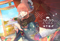 Rule 34 | 1girl, 2022, :d, blue kimono, blue sky, blush, circe (fate), cup, day, eyebrows hidden by hair, fate/grand order, fate (series), feather hair ornament, feathers, hair bun, hair ornament, highres, holding, holding cup, japanese clothes, kimono, long sleeves, looking at viewer, new year, obi, oil-paper umbrella, open mouth, outdoors, pink eyes, pink hair, pointy ears, red umbrella, sash, sidelocks, single hair bun, sky, smile, solo, torii, umbrella, uzura (bonnet225), white feathers, wide sleeves, yunomi