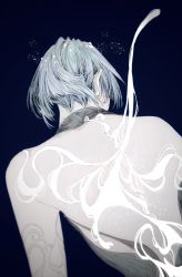 Rule 34 | 1other, absurdres, backless outfit, bare back, bare shoulders, blue background, blue hair, facing away, from behind, halterneck, highres, houseki no kuni, light particles, other focus, phosphophyllite, phosphophyllite (ll), quanxiahanyan, short hair, simple background, smoke, solo, spoilers, torn clothes, upper body