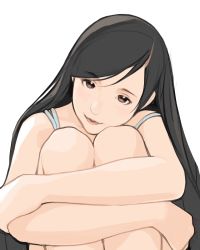 Rule 34 | 1girl, absurdres, black hair, closed mouth, head on knee, head rest, head tilt, highres, hugging own legs, long hair, looking at viewer, luimiart, original, simple background, smile, solo, white background