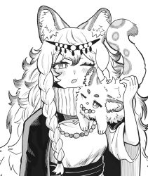 Rule 34 | 1girl, animal, animal ear fluff, animal ears, arknights, bokiboki333, commentary request, greyscale, hair between eyes, highres, leopard, leopard ears, long hair, monochrome, one eye closed, parted lips, pramanix (arknights), simple background, solo, sweater, turtleneck, turtleneck sweater, upper body, white background