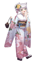 Rule 34 | 1girl, breasts, green eyes, hair ornament, highres, hizuki miu, japanese clothes, kimono, kokko (kokko3045), long hair, looking at viewer, medium breasts, official art, okobo, sandals, side ponytail, simple background, smile, solo, virtual youtuber, wactor production, white background