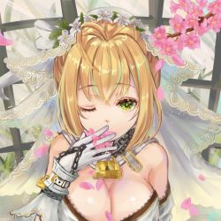 Rule 34 | 10s, 1girl, ahoge, bare shoulders, blonde hair, breasts, bridal veil, chain, cleavage, fate/extra, fate/extra ccc, fate (series), flower, gloves, green eyes, humiaojun, lock, looking at viewer, medium breasts, nero claudius (bride) (fate), nero claudius (fate), nero claudius (fate) (all), one eye closed, padlock, padlocked collar, petals, short hair, solo, upper body, veil, white gloves