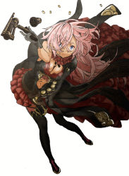 Rule 34 | 1girl, asymmetrical gloves, asymmetrical sleeves, black dress, black footwear, black gloves, boots, breasts, cinderella (sinoalice), cleavage, dark-skinned female, dark skin, dress, elbow gloves, gloves, gun, hair over one eye, handgun, highres, holding, holding gun, holding weapon, long hair, looking at viewer, pink hair, purple eyes, revolver, shell casing, simple background, sinoalice, solo, thigh boots, thighhighs, tsukinowa kousuke, uneven gloves, uneven sleeves, weapon, white background