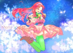 Rule 34 | 1girl, ;d, akagi towa, bell, belt, black belt, black footwear, boots, bow, christmas, commentary, dress, english text, fang, floating, go! princess precure, green bow, green pantyhose, grey headwear, holly, jj (ssspulse), long hair, long sleeves, looking at viewer, medium dress, merry christmas, neck bell, one eye closed, open mouth, pantyhose, pink dress, precure, red eyes, red hair, sky, smile, snowflakes, solo, star (sky), starry sky, tiara, wind