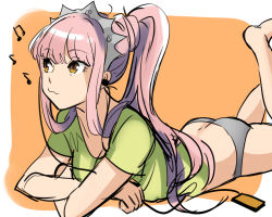 Rule 34 | 1girl, aono shimo, ass, bad id, bad pixiv id, beamed quavers, breasts, brown eyes, butt crack, earbuds, earphones, fate/grand order, fate (series), grey panties, long hair, lying, medb (fate), musical note, no pants, on stomach, panties, pink hair, ponytail, quaver, shirt, short sleeves, solo, t-shirt, underwear